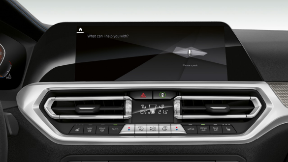 BMW 3 Series Sedan, BMW Intelligent Personal Assistant. Frontal close-up of the cockpit display of the BMW 3 Series Sedan with BMW Intelligent Personal Assistant.