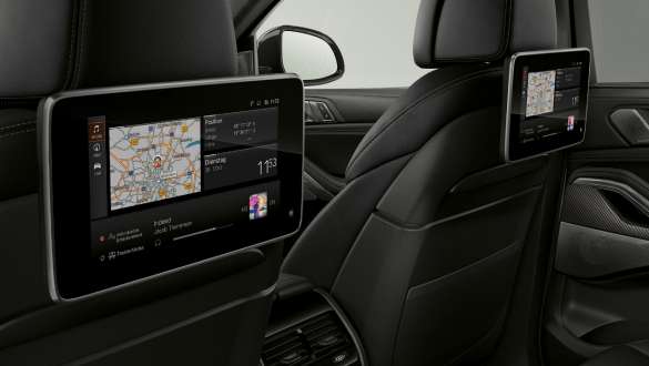 Rear-seat entertainment Professional. Close-up of the BMW interior with focus on rear-seat entertainment Professional.