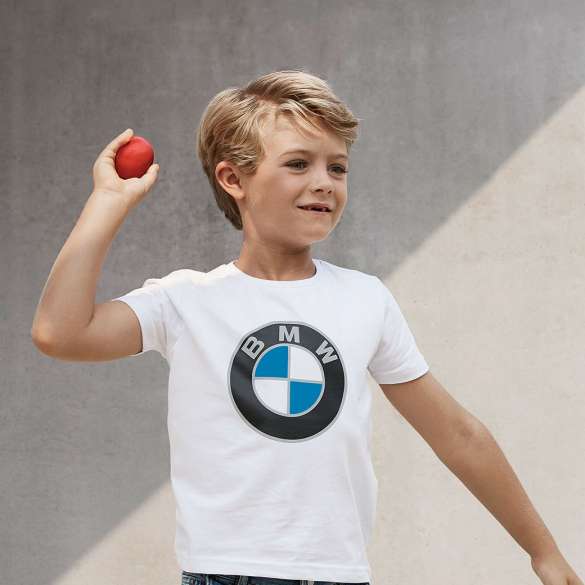 BMW Kids Collection. A boy is wearing pieces of the BMW Kids Collection.