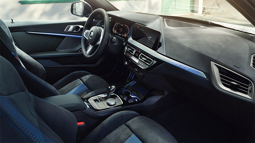 BMW 1 Series F40 cockpit with M Sport seats, M Leather steering wheal and illuminated interior trim finishers