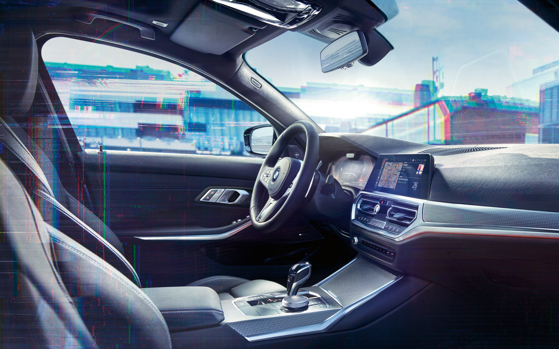 BMW 3 Series Sedan (G20), BMW Live Cockpit Professional. Close-up of the interior of the BMW 3 Series Sedan (G20) with BMW Live Cockpit Professional.