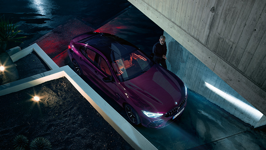 The BMW M8 Competition Gran Coupé 2020 F93 BMW Individual Ametrine metallic three-quarter side view