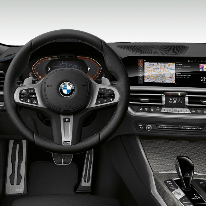 BMW 3 Series Sedan, Model M Sport Cockpit. Frontal close-up of the driver's cockpit of the BMW 3 Series Sedan with Model M Sport features.