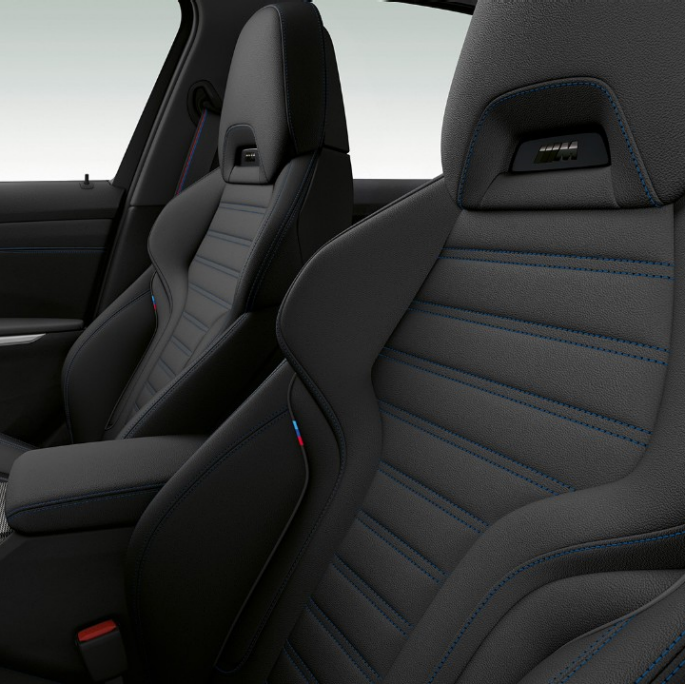 BMW 3 Series Sedan, Model M Sport front seats Side close-up of the front seats of the BMW 3 Series Sedan with Model M Sport features.