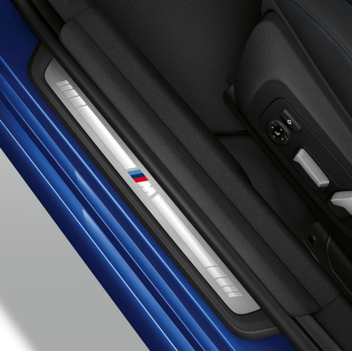 BMW 3 Series Sedan, Model M Sport entry sill. Top view of the door sill of the BMW 3 Series Sedan with Model M Sport features.